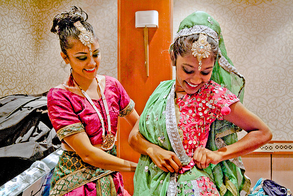 After - Indian dancers getting dressed to perform, Hilton Hotel, NYC, 2014