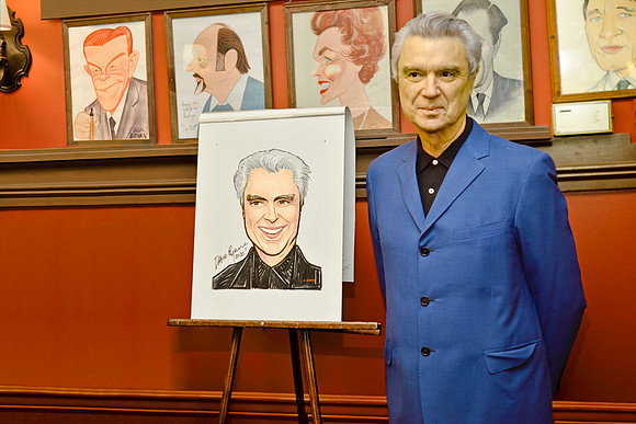 David Byrne - (Next to newly drawn portrait of him), Sardi's, NYC, 2020