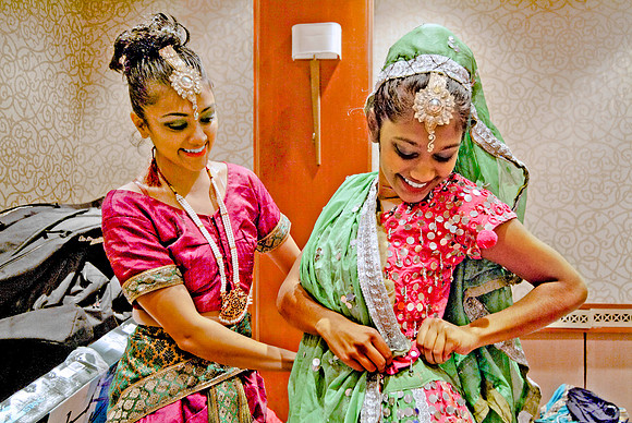 Indian dancers dressing for a performance - Hilton Hotel, NYC, 2014